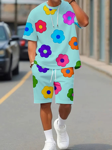 Summer 2026 new men Summer <b>set</b> with colorful flower prints casual <b>set</b> with round neck short sleeve T Shirt And Shorts Comfort - Product Image 4