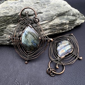 Colgante Geométrico de Labradorita, Estilo Bohemio, Envuelto en Alambre, Chapado en Bronce Antiguo, Aleación de Cobre, Colgantes Solitarios para Uso Diario - Product Image 6