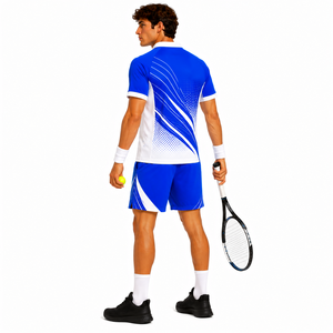 Ensemble de t-shirt et short de tennis pour homme, coupe personnalisée, bleu et blanc, imprimé par sublimation, respirant, taille élastique, sport d'été - Product Image 4