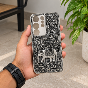 Premium Luxury 925 Sterling Silver Antique Oxidized Elephant Floral Engraved <b>Mobile</b> Case with <b>Holder</b> - Product Image 1