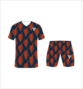 Custom sublimated soccer uniform set for men with dark blue and <b>red</b> chevron pattern print jersey and matching shorts - Product Image 2