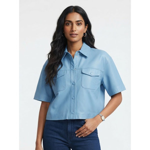 2-Taschen Stylische Damen-Bluse aus weichem Leder mit kurzen Ärmeln, Knopfverschluss, verkürzt, formell, sommerlich, lässig, für den Alltag - Product Image 6
