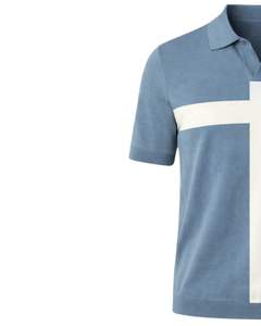 เสื้อโปโลถักลายขวางสีน้ำเงินขาวแบบกำหนดเองสำหรับผู้ชาย แขนสั้น ชายเสื้อแบบริบ ทรงเข้ารูป สวมใส่สบาย ผลิตจากผ้าฝ้ายผสม - Product Image 2