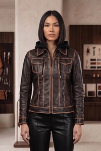 Chaqueta de cuero genuino de piel de cordero color chocolate oscuro para mujer con capucha desmontable - Product Image 1