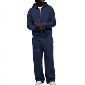 Ensemble de survêtement unisexe blanc uni en molleton épais de coton, comprenant un sweat à capuche zippé et un pantalon de survêtement à jambes larges, personnalisable en gros - Product Image 3