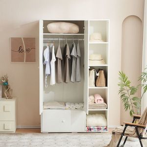 Armadio Bianco per Camera da Letto con Asta Appendiabiti, Cassetti e Ripiani, Maniglie e Vetro Temperato per Conservazione Vestiti - Product Image 3