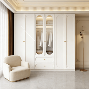 Elegante Armario Moderno de Madera de Caoba con Acabado en Blanco Marfil, Puerta de Vidrio y Dos Cajones, Mueble de Dormitorio de Lujo - Product Image 2