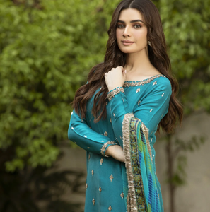 Elegant Teal 100% Silk Embroidered Long <b>Sleeve</b> Midi Dress with Beading and Jewel Neck for Formal/Casual Party Wear Anti-Wrinkle - Product Image 1