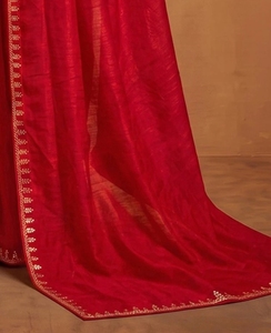 KV Women's Embroidered Wrinkle-Free Bollywood Chiffon Saree with Unstitched <b>Blouse</b> (<b>Red</b>) Autumn - Product Image 4