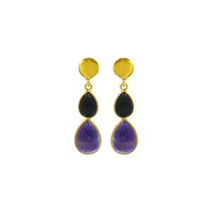 Natural <b>Black</b> Onyx and Purple Amethyst Dangle <b>Earrings</b> Handmade Gold Plated Statement <b>Earrings</b> Pear Gemstone Disc Drop <b>Earrings</b> - Product Image 3