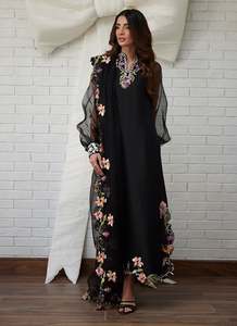 Caftán Negro con Bordado Floral para Mujer, Abaya Larga con Mangas de Malla, Vestido para el Festival Eid Al Fitr - Product Image 2