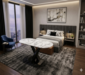 โต๊ะรับประทานอาหารหินอ่อนรูปวงรีทันสมัยพร้อมฐานโลหะสีดำรูปตัว X เฟอร์นิเจอร์ห้องรับประทานอาหารระดับพรีเมียมสุดหรู - Product Image 2