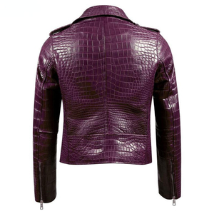 Men's Crocodile Embossed Genuine Leather Moto Jacket With Zipper And <b>Belt</b> <b>Slim</b> Fit Turn-down Collar Autumn Winter Wear - Product Image 2