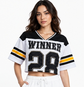 Camiseta de fútbol americano para mujer, cuello en V, manga corta, malla, top corto, blanco, negro, amarillo, con número - Product Image 1