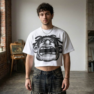 Camiseta Corta Oversize para Hombre, Blanca con Estampado de Cara de Dibujos Animados en Rojo, Estilo Urbano, Manga Corta, Cuello Redondo, Ajuste Jersey - Product Image 5