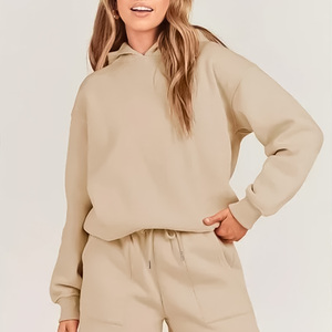 Ensemble short et sweat à capuche oversize pour femme, couleur unie, en coton et fibre de bambou tricoté, tenue décontractée pour l'été - Product Image 3