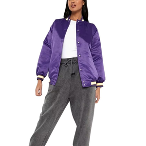 Classic Custom Personalized Women <b>Purple</b> Satin <b>Varsity</b> <b>Jacket</b> With Contrast Sleeves And Ribbed Hem Button Closure Autumn Winter - Product Image 3