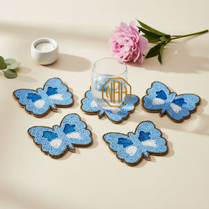 Trending Handcrafted Eco-Friendly Modern Round Tea Coaster Light Blue White Glass Beads Glitter Accents for Stylish Table Decor - Product Image 1