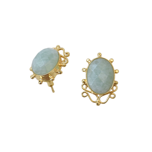Boucles d'oreilles clous vintage plaquées or avec jade, serties d'ovales en alliage, bijoux fantaisie pour femme en amazonite - Product Image 2