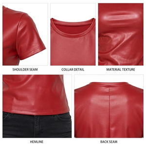 <b>Women's</b> <b>Red</b> Faux Leather <b>T</b>-<b>Shirt</b> Short Sleeve Round Neck Casual PU Leather Tee Tops Ladies Casual Leather <b>T</b> <b>Shirt</b> Streetwear Top - Product Image 6