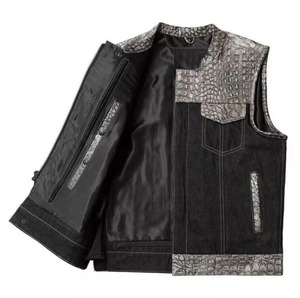 Men's Custom Crocodile Pattern Leather Motorcycle <b>Vest</b> <b>Denim</b> Style Stand Collar Biker <b>Vest</b> With Pockets OEM - Product Image 5