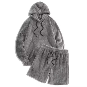 Ensemble short et sweat à capuche en molleton gris pour homme, couleur unie, décontracté, respirant, tricoté, tenue streetwear d'été - Product Image 1