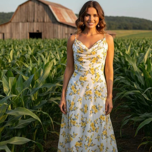 Multi Floral Printed Yellow Floral Midi Dress <b>Spaghetti</b> <b>Strap</b> Georgette Summer Beach Dress Formal Summer Wear Midi Maxi Dress - Product Image 1