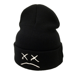 Black Beanie Hat with Embroidered X Eyes and Frown Face Unisex Street Style <b>Winter</b> <b>Cap</b> 100% Acrylic Cuffed Design - Product Image 1