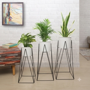 Ensemble de 3 supports à plantes contemporains en métal blanc avec base en fil métallique noir pour plantes d'intérieur, plantes serpentines et décoration de bureau - Product Image 6