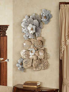 Ensemble de 3 pièces d'art mural en métal encadré or, sculpture murale suspendue avec fleurs et feuilles bleu sarcelle, plaque décorative pour fond de salon - Product Image 4