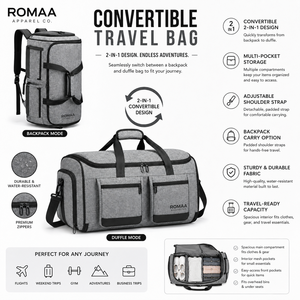 Heather Grey <b>Black</b> Custom 2 in 1 Duffel <b>Backpack</b> Shoe Compartment Multi Pocket Travel Gym Bag Water Resistant OEM Holdall - Product Image 1