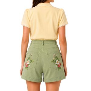 Custom Sage Green Floral Embroidered <b>Women</b> High Waist Denim Shorts Casual Summer Cotton <b>Stretch</b> <b>Jean</b> Shorts Custom Logo Apparel - Product Image 2