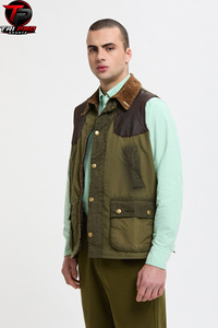 Gilet utilitaire pour homme en toile cirée olive, col en velours côtelé, fermeture à boutons-pression, poches à soufflets et à rabat, pour la chasse et les activités de plein air - Product Image 4
