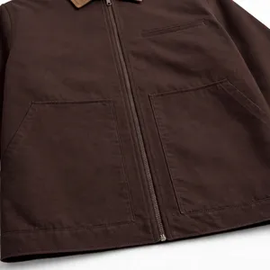 Veste d'hiver pour homme en toile écologique marron foncé, fermeture éclair intégrale, col contrastant, vêtement d'extérieur décontracté, vêtement de travail léger - Product Image 4