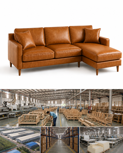 Mid Century Modern Cognac Leather L Shape <b>Sofa</b> Set Loveseat Detached Chaise Lounge for Relaxing After Work or Movie Nights - Product Image 3