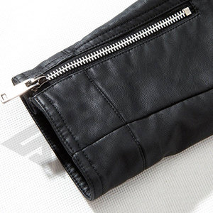 Blouson Moto Homme Noir en Cuir Véritable Écologique et Durable, Col Montant, Fermeture Éclair, Coupe Ajustée, Hiver, Manches Classiques, Couleur Unie - Product Image 6