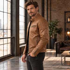 <b>Genuine</b> Brown <b>Leather</b> Biker <b>Jacket</b> with Gold Zippers, Geprägte Herrenlederjacke in Creme mit goldenen Reißverschlüssen,For <b>Men</b> - Product Image 3