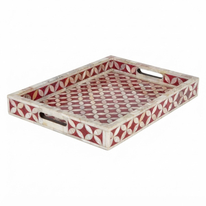 Plateau décoratif fait main en os incrusté rouge, motif marocain, avec poignées, pour table basse, ottoman, ou comme plateau de rangement pour coiffeuse - Product Image 1