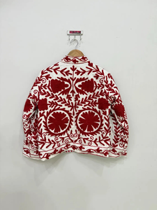 <b>Women's</b> <b>White</b> Embroidered Quilted <b>Jacket</b> with Burgundy Floral Threadwork 100% Cotton Eco-Friendly Short - Product Image 6