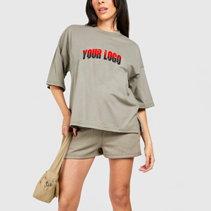 Ensemble T-shirt et short en coton 100 % fabriqué en usine, grande taille, col rond, épaules tombantes, manches courtes, couleur unie, écologique et respirant - Product Image 1