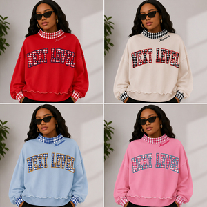 Sudadera OEM personalizada con bordado de patchwork a cuadros, aplique de chenilla con alfabeto griego para hermandades, cuello simulado. - Product Image 5