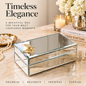 Silver <b>Mirrored</b> Glass Jewelry <b>Storage</b> Box <b>with</b> Gold Floral Accent Beveled Edges Soft Lining Decorative Keepsake Organizer - Product Image 3