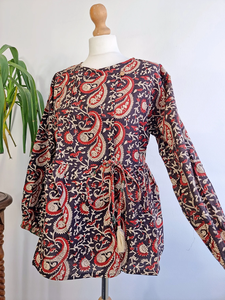 Pure Cotton Linen <b>Top</b> Earthy Floral Embroidery Vintage Boho Tank Comfortable Summer Day Blouse-Elegant <b>Indian</b> Bagru Hand-Block - Product Image 4