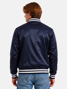 Veste de sport en satin bleu marine pour homme avec bordure à rayures blanches Coupe classique Col rabattu Fermeture à boutons Style preppy Vêtement d'automne - Product Image 2