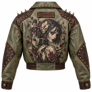 Olive Green Genuine Leather Jacket <b>Womens</b> Gothic Broken Mask Girl Graphic Stud Collar Spiked Bomber <b>Coat</b> Custom Manufacturer - Product Image 2