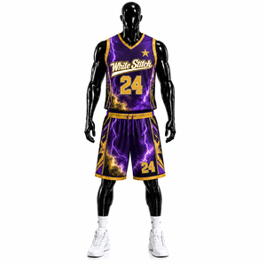 <b>White</b> Stitch <b>Womens</b> Basketball <b>Shorts</b> Purple Gold Lightning Print 24 Crew Neck Sleeveless Heat-Transfer Breathable Spandex/Nylon - Product Image 1