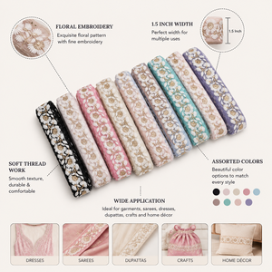 Cinta Decorativa Bordada con Hilo Floral de 1.5 Pulgadas para Prendas, Saris y Manualidades - Product Image 6