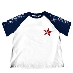 Camiseta Raglán Personalizada de Algodón Grueso con Estampado Gráfico Vintage y Logotipo en Relieve, Talla Grande - Product Image 1
