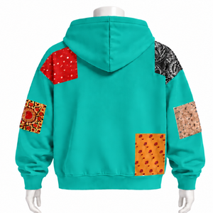 Sweat à capuche zippé surdimensionné en patchwork de tapisserie bleu sarcelle, imprimé, style streetwear décontracté, veste tendance - Product Image 2