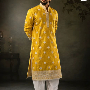 Rosy Regal Bandhani Men's Traditional Embroidered Cotton <b>Silk</b> Velvet Regular Fit Quick Dry Floor-Length <b>Kurta</b> for Wedding Party - Product Image 1